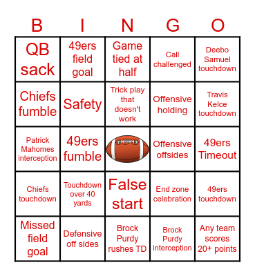 49ers vs Chiefs Super Bowl Bingo Card