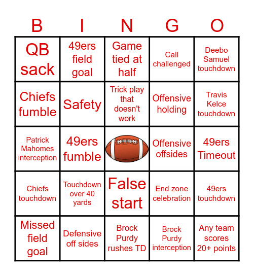 49ers vs Chiefs Super Bowl Bingo Card