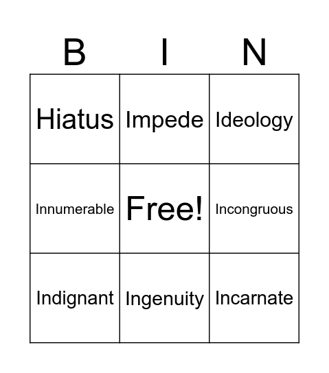 Vocabulary Bingo Card