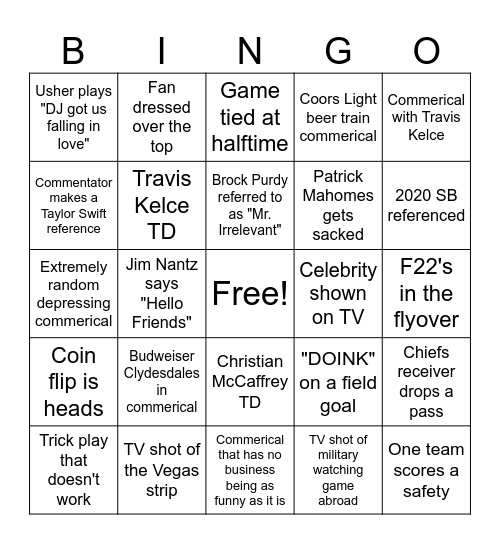 Super Bowl LVIII Bingo Card