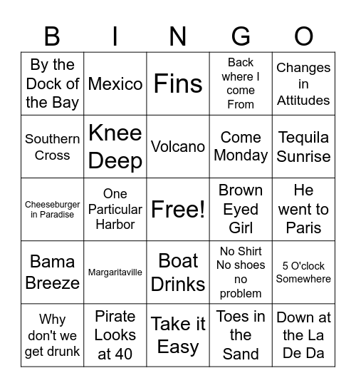 Trop Rock Bingo Card