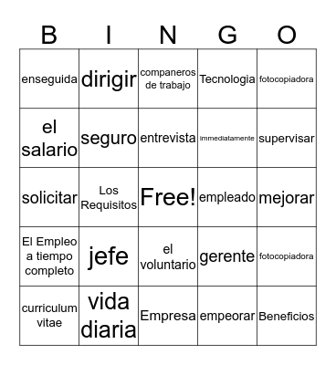 Spanish Vocab Bingo Card