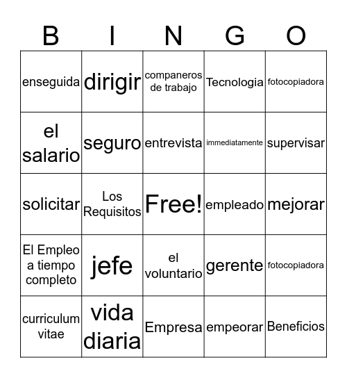 Spanish Vocab Bingo Card