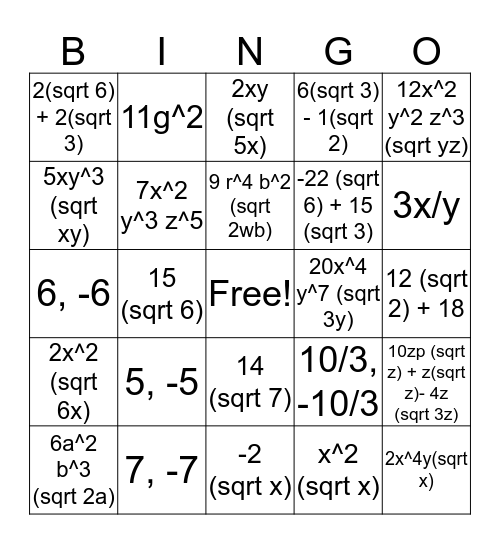 Simplifying Radicals Bingo Card