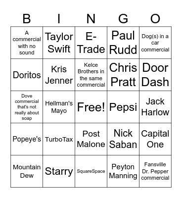 SUPERBOWL COMMERCIAL BINGO Card