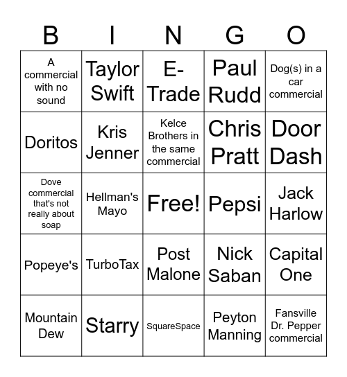 SUPERBOWL COMMERCIAL BINGO Card