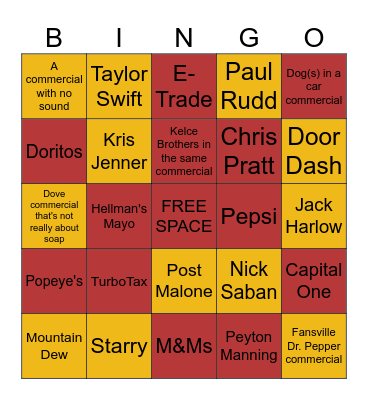 SUPERBOWL COMMERCIAL BINGO Card