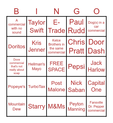 SUPERBOWL COMMERCIAL BINGO Card