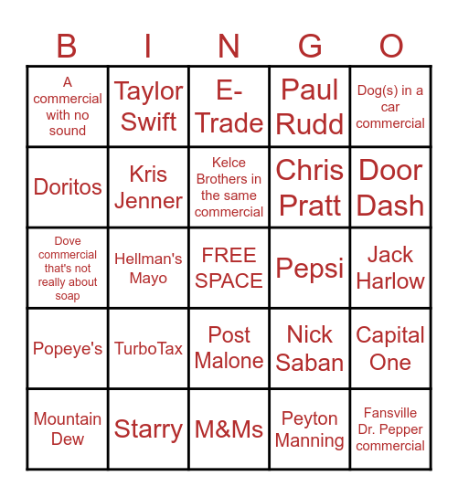 SUPERBOWL COMMERCIAL BINGO Card