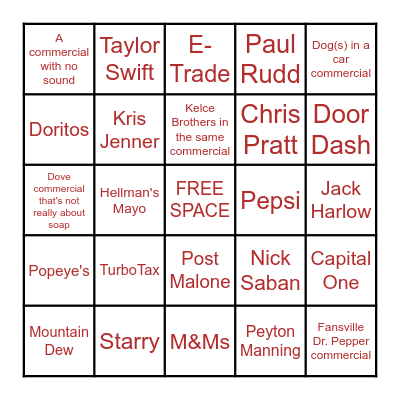 SUPERBOWL COMMERCIAL BINGO Card