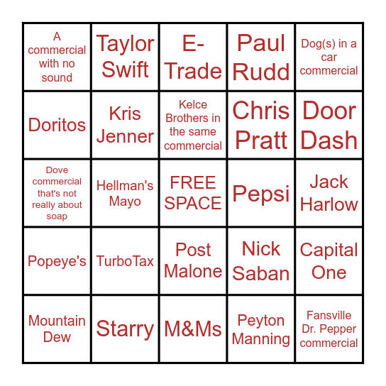 SUPERBOWL COMMERCIAL BINGO Card