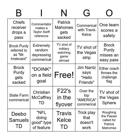 Super Bowl LVIII Bingo Card