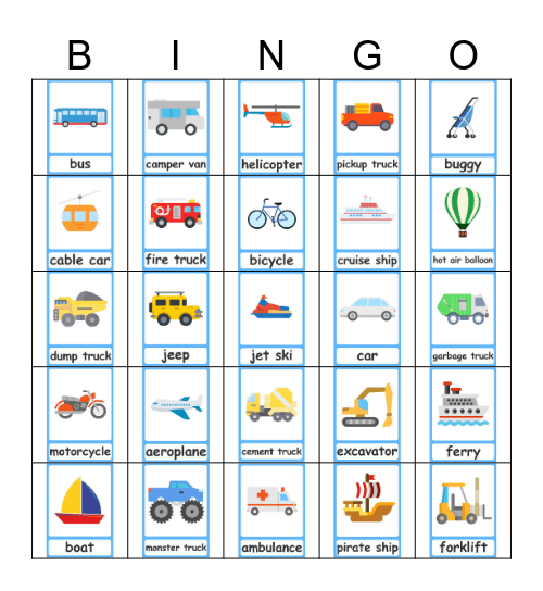 Transportation Bingo Card