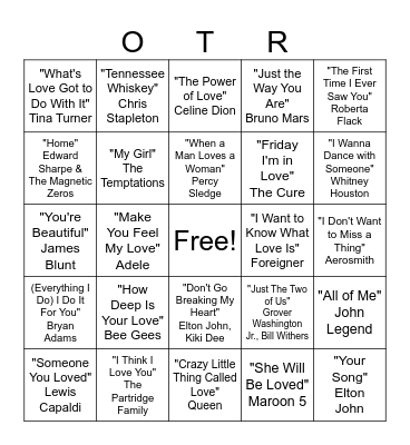 Love Songs Musical Bingo Pt 1 Bingo Card