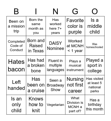 Get to Know Your MCNH Colleagues Bingo Card