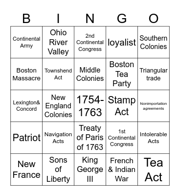 Revolutionary War Bingo Card