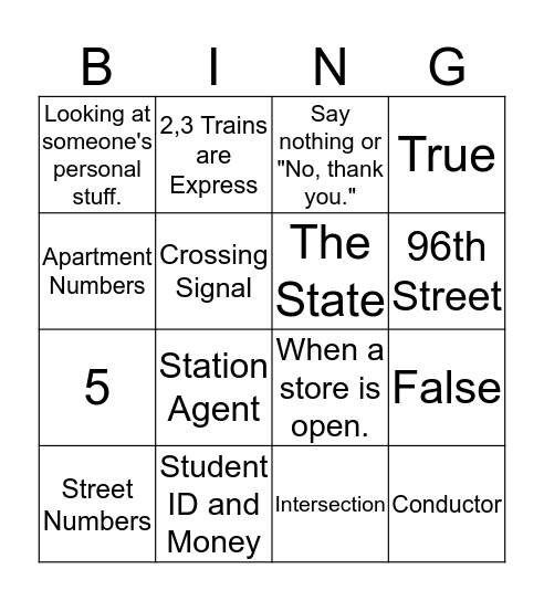 Travel Training Bingo!! Bingo Card