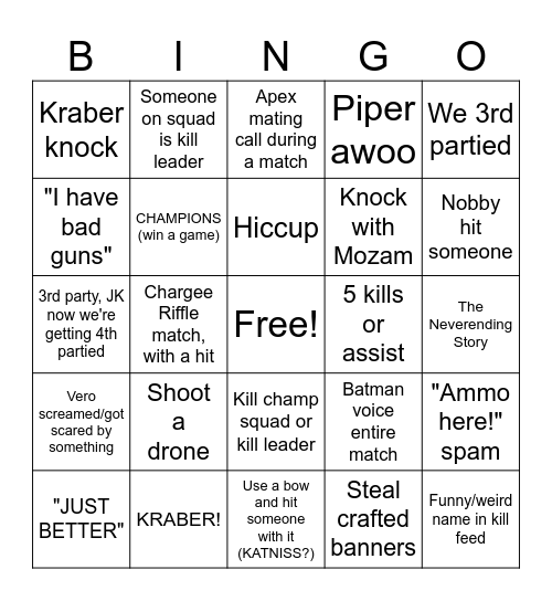 Apex Legends Ranked Bingo Card