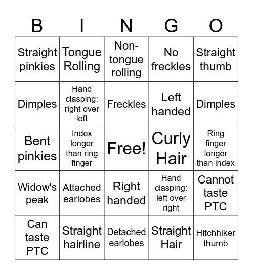 Human Traits Bingo Card
