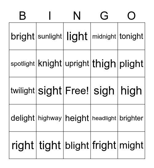 IGH Words Bingo Card