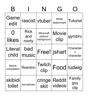 YouTube shorts Bingo Card