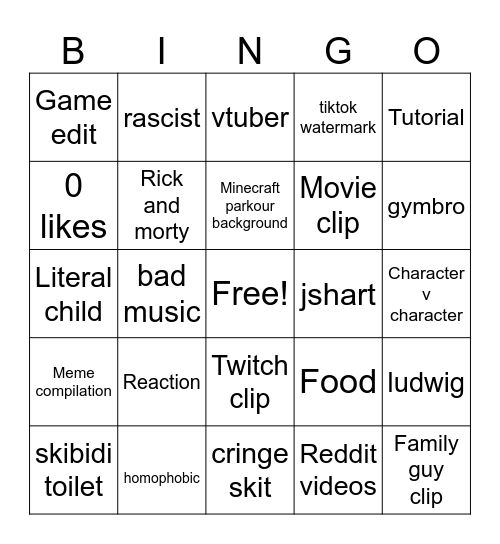 YouTube shorts Bingo Card