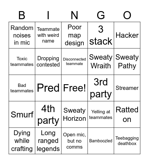 The Apex Experience Bingo Card