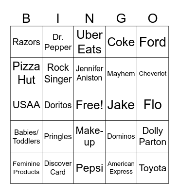 Super Bowl Commercial Bingo Card