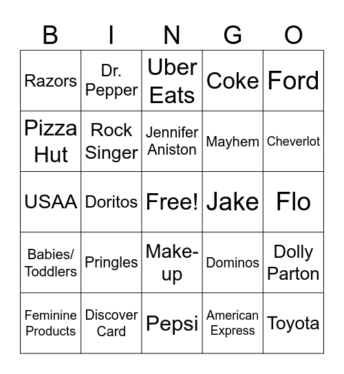 Super Bowl Commercial Bingo Card