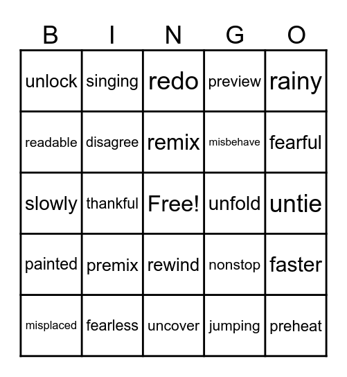 Prefix and Suffix Bingo Card
