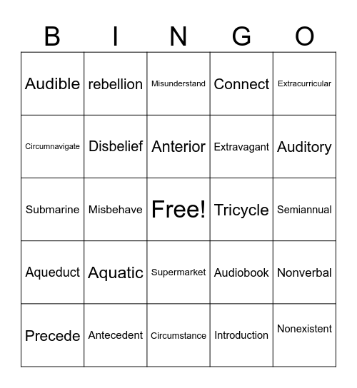 Root Word BINGO! Bingo Card