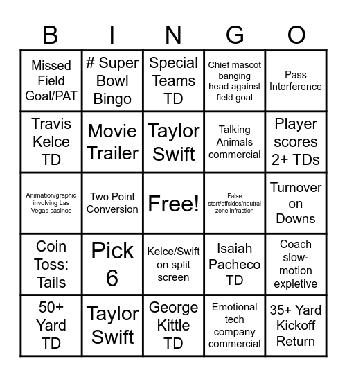 Super Bowl 2024 Bingo Card