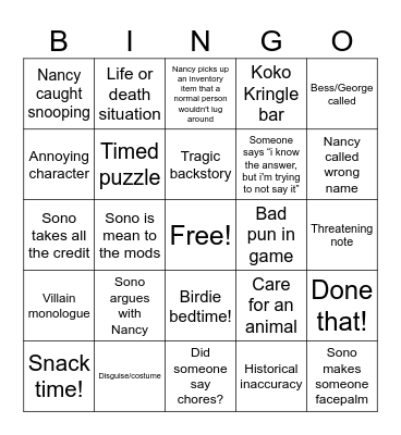 sono plays nancy drew Bingo Card