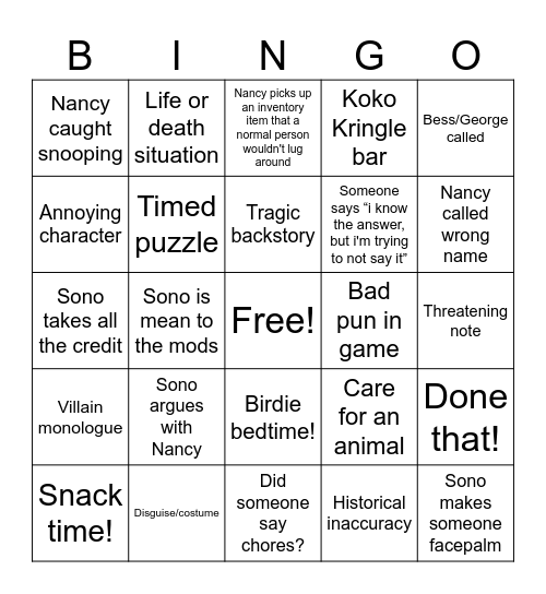 sono plays nancy drew Bingo Card