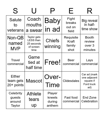 Super Bowl Bingo Card