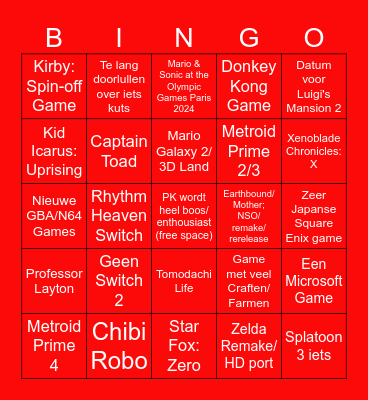 Nintendo Direct Bingo Card