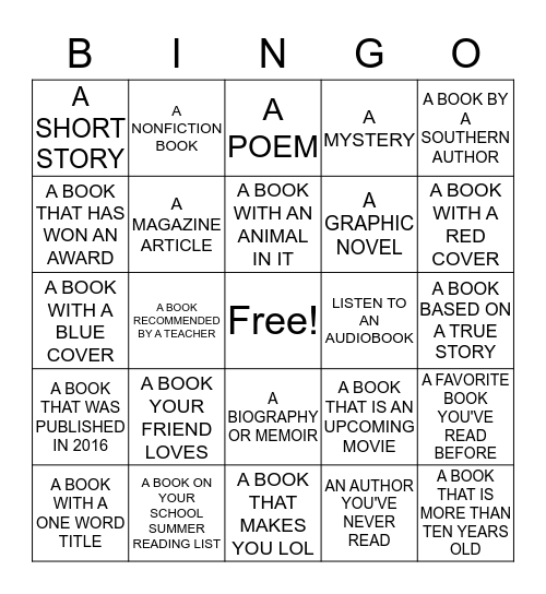 Summer Reading Bingo Card