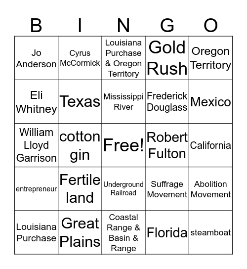 Westward Expansion Bingo Card