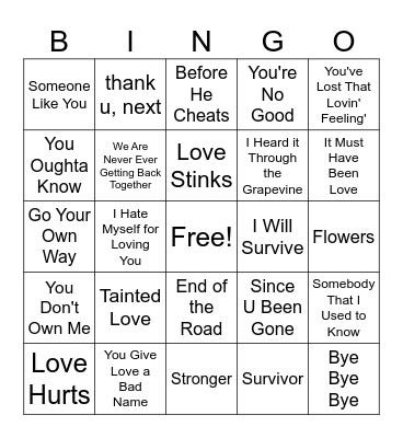 Anti-Love Songs Bingo Card