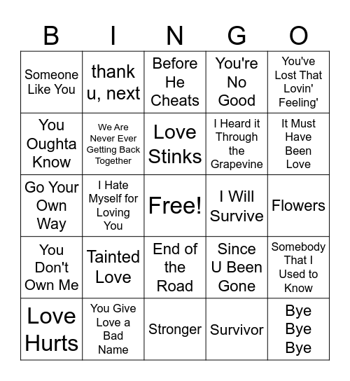 Anti-Love Songs Bingo Card