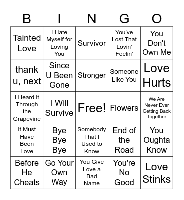 Anti-Love Songs Bingo Card