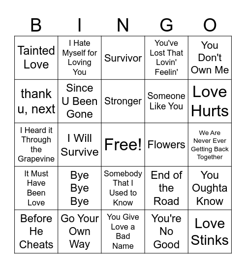 Anti-Love Songs Bingo Card