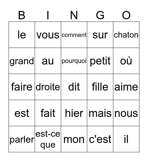 Les mots fréquents Bingo Card