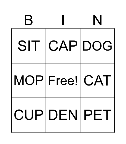 CVC Blending Bingo Card