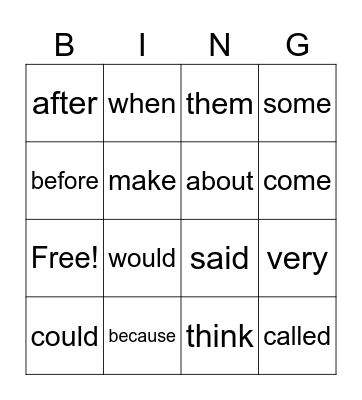 Sight Words Bingo Card
