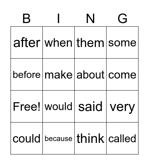 Sight Words Bingo Card