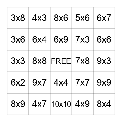 Multiplication Bingo Card