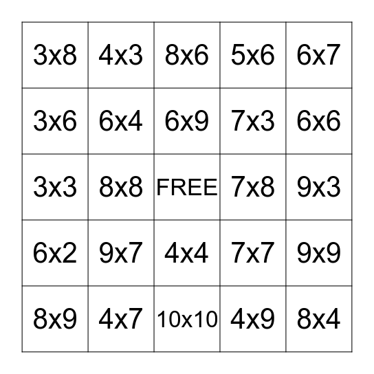 Multiplication Bingo Card