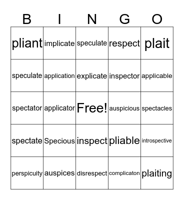 -Plic- and -Spec- Vocabulary Bingo Card