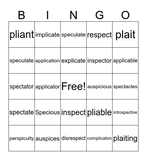 -Plic- and -Spec- Vocabulary Bingo Card